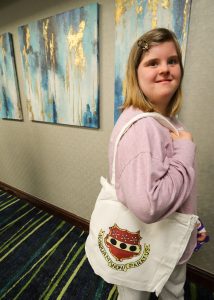 Brigid Coleman with Swag bag